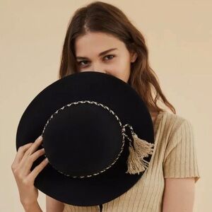 Brixton Stills Black Wool Wide-Brim Hat, braided detailing, size small